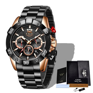 New LIGE Stainless Steel Watches Mens Sports Waterproof Luminous Chronograph